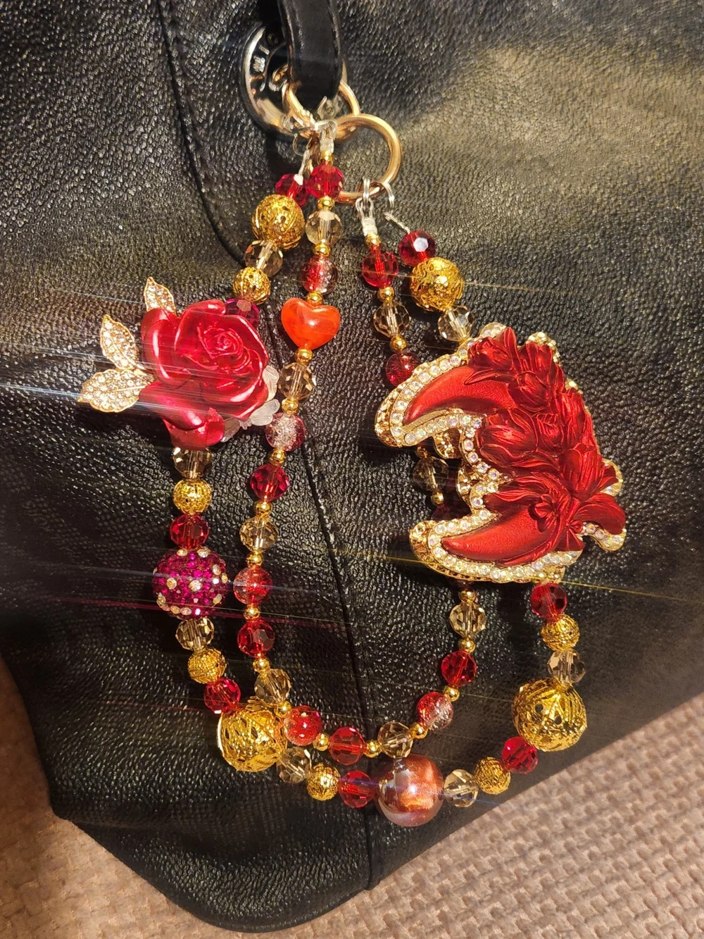 Red Floral Crescent Purse/Phone Charm